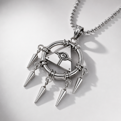 Silver necklace with geometric pendant and spikes on a light gray background