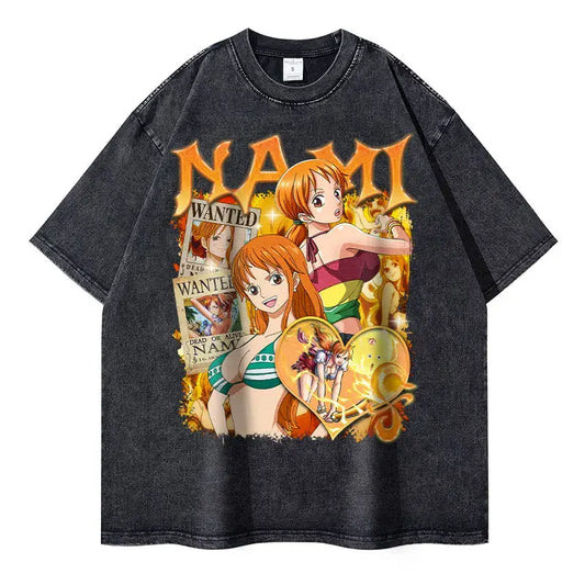 Camisetas Nami de gran tamaño, ropa de calle vintage lavada, camisetas de anime de una pieza, camisetas de manga corta, camisetas de Ace Sanji Luffy Zoro para hombre 