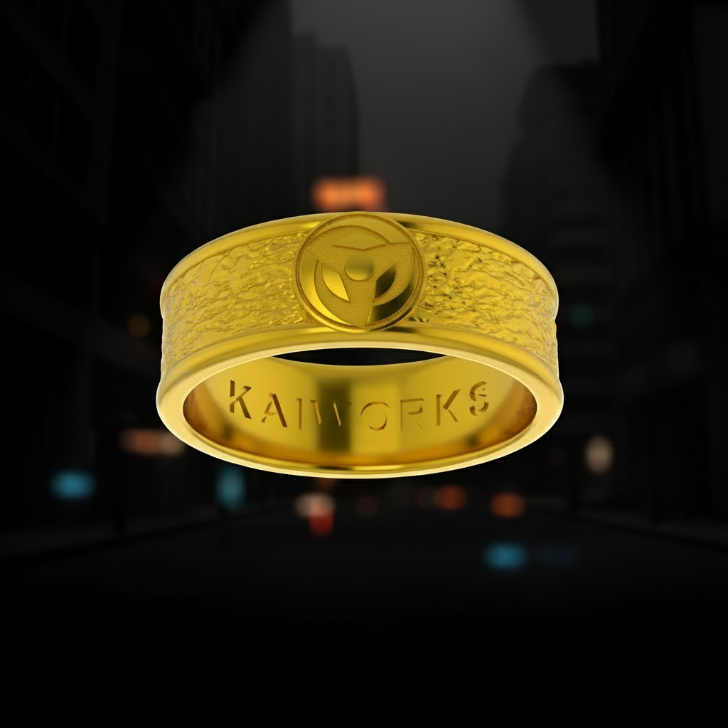 Gold ring with 'Kai Works' branding on a white background