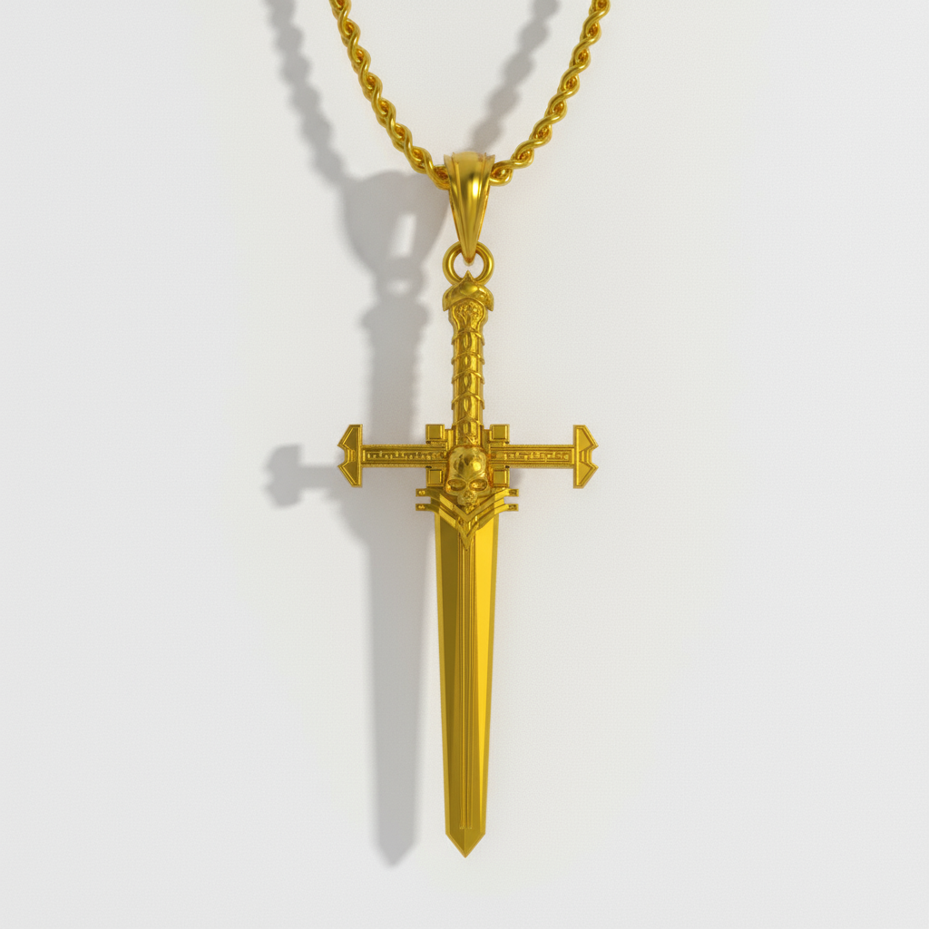 Gold sword-shaped pendant on a chain against a light gray background