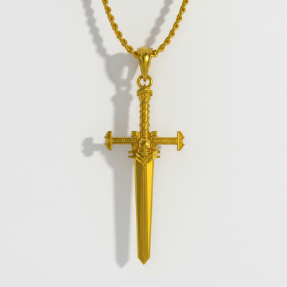 Gold sword-shaped pendant on a chain against a light gray background