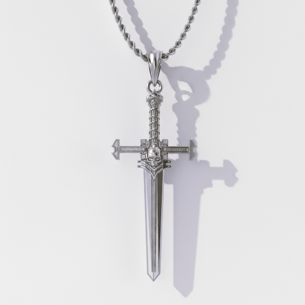 Silver sword-shaped pendant on a chain against a white background