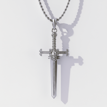 Silver sword-shaped pendant on a chain against a white background