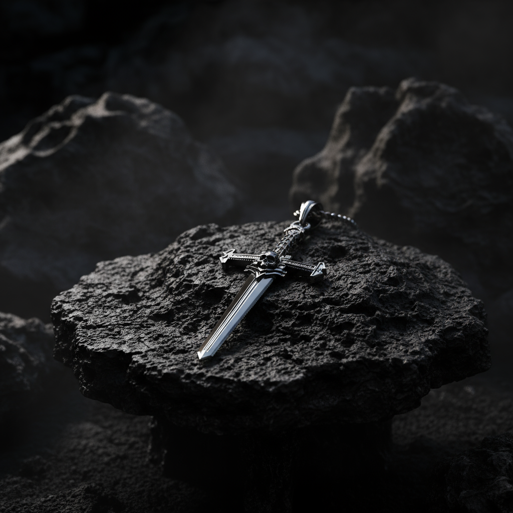 Dagger-shaped pendant on a chain against a white background