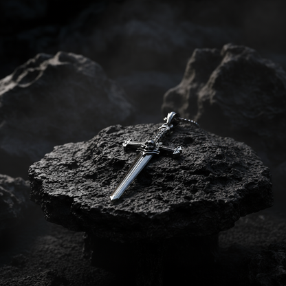 Dagger-shaped pendant on a chain against a white background