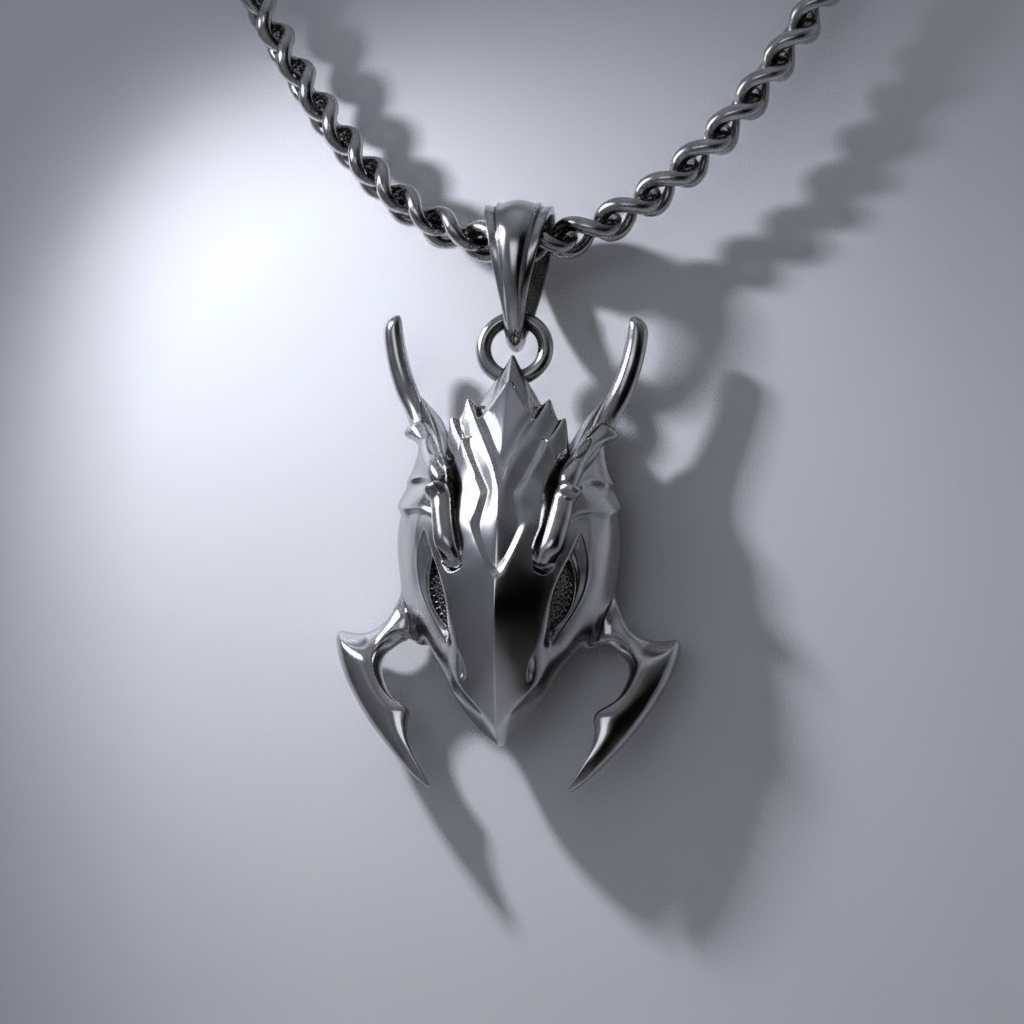 A silver pendant with a dark, rugged design, featuring intricate details and a glossy finish, displayed against a blue and black patterned background.