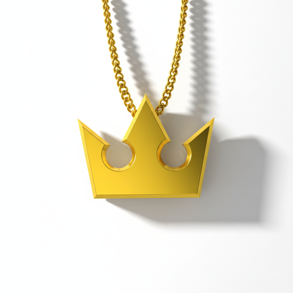Gold crown-shaped pendant on a chain against a white background