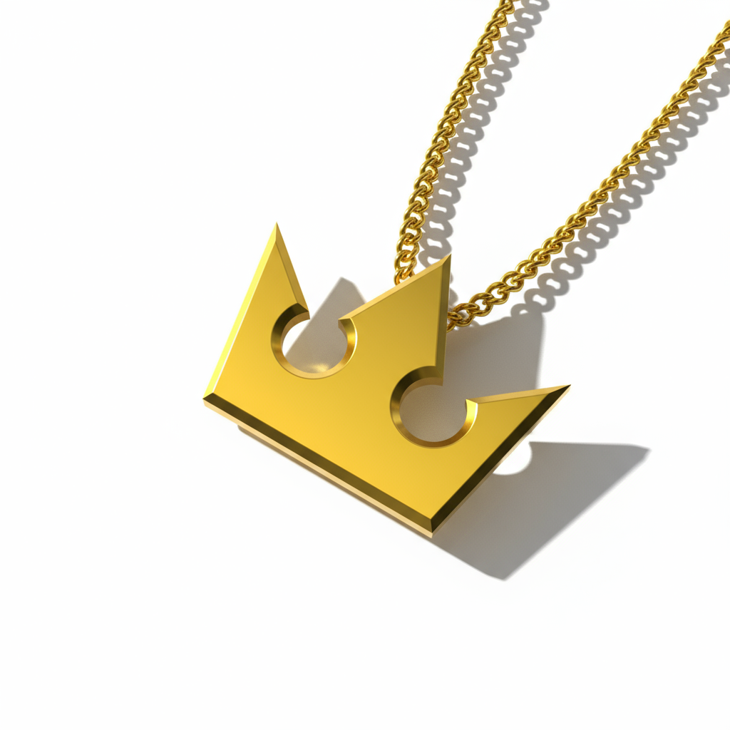 Gold necklace with a unique geometric pendant on a white background