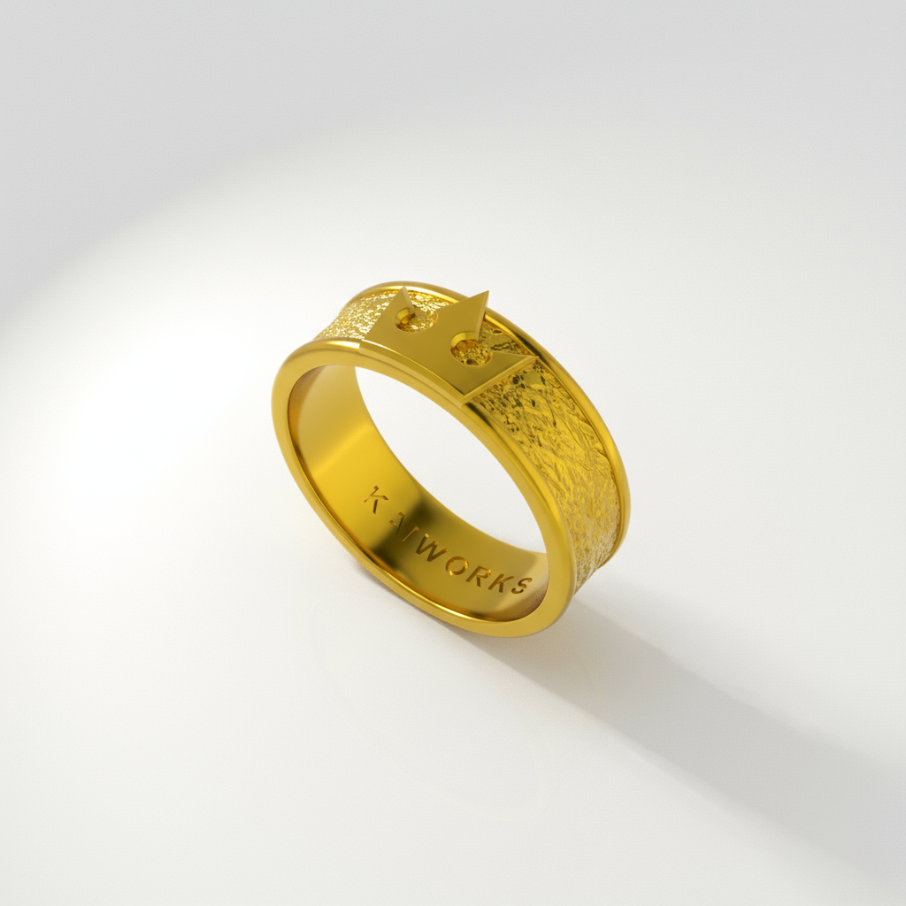 A silver ring with a crown design on top, featuring small gemstones on the sides, displayed against a background with a black and white illustration.