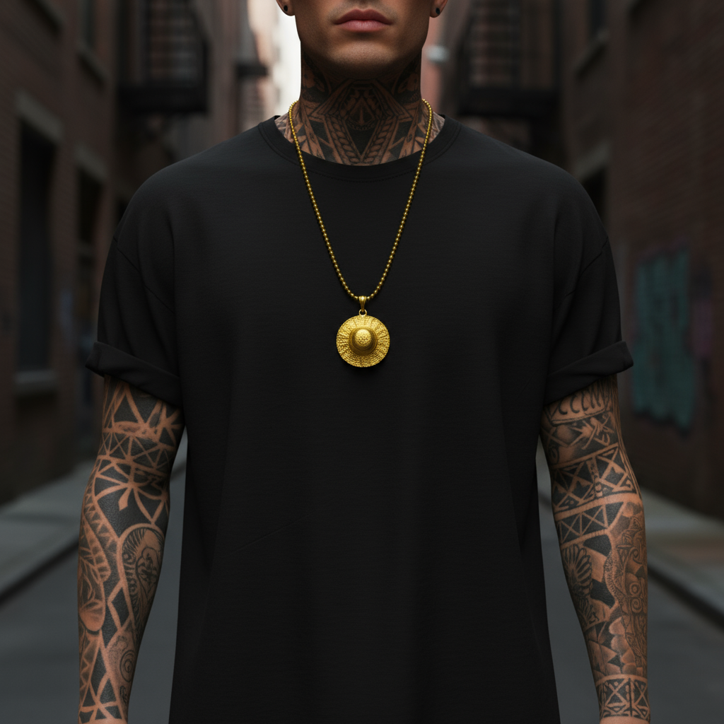 Person wearing a black t-shirt with a gold necklace in an urban setting