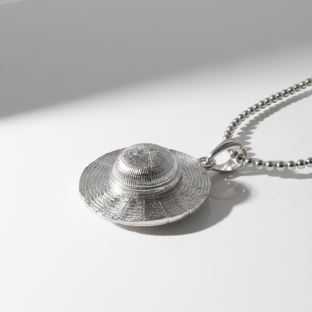 Silver hat-shaped pendant on a chain against a white background