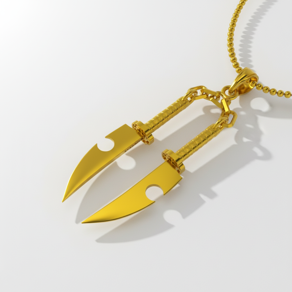 A dual blade pendant made of 14k gold, featuring a highly polished finish, displayed against an outdoor backdrop.
