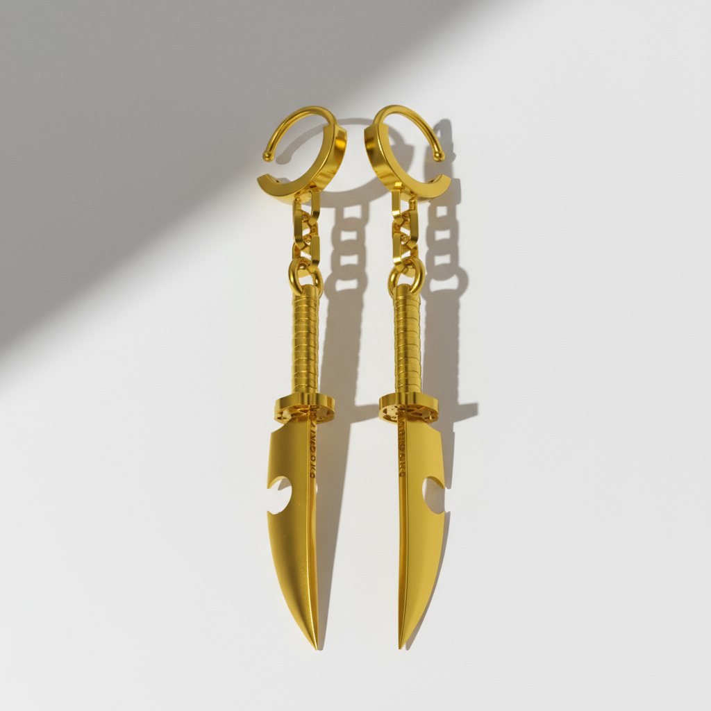 A pair of 14K gold hoop earrings designed to resemble blades, displayed against a blurred background with greenery.
