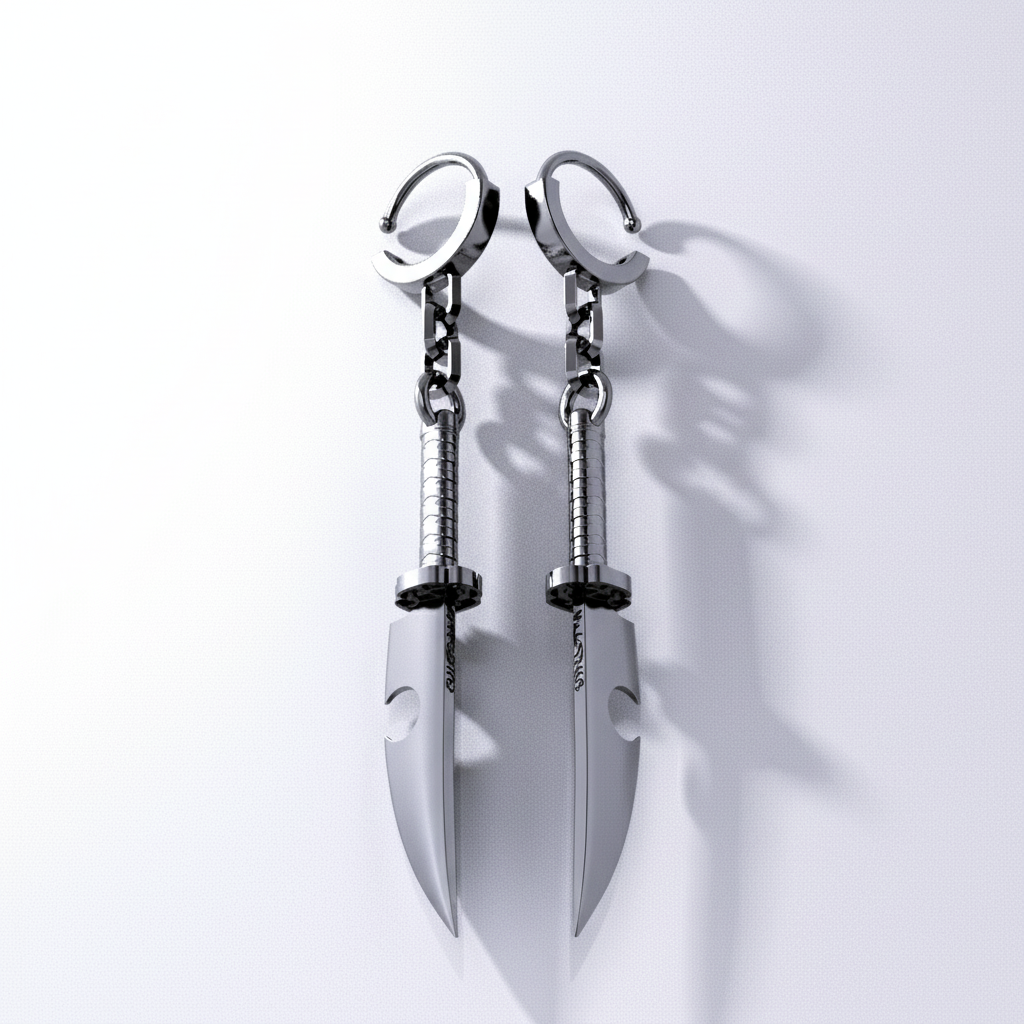 A pair of yellow gold hoop design earrings displayed against a red and black anime-style character backdrop.