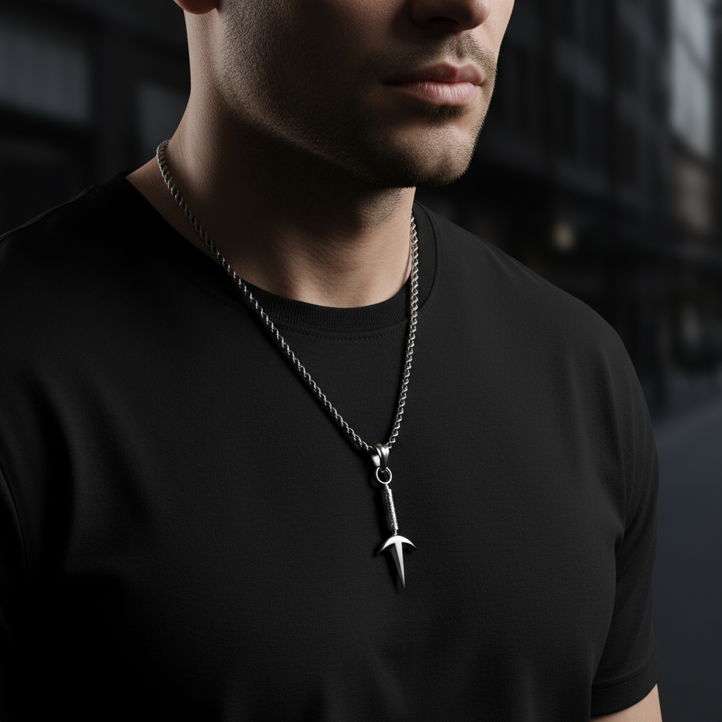 Man wearing a black t-shirt with a silver necklace featuring a unique pendant.
