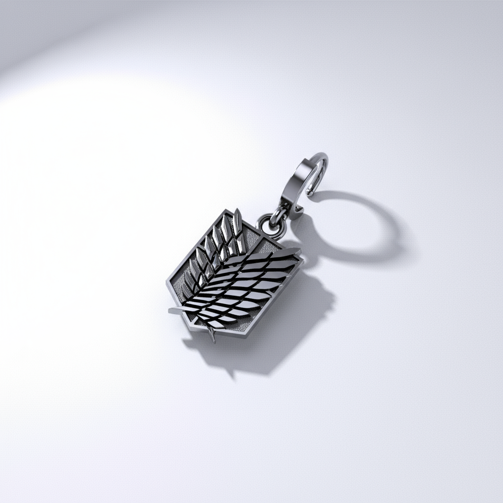 A pair of silver-colored hoop earrings with a wing design, displayed against an anime-style cityscape background.