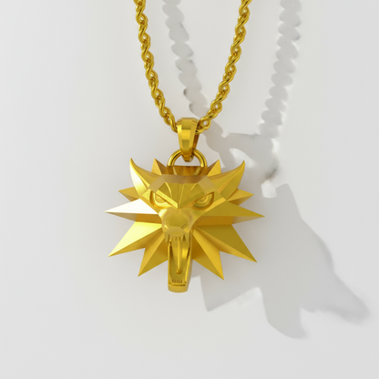 Gold necklace with a wolf head pendant on a white background